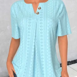 Plus Size Light Blue Button Short Sleeve Blouse