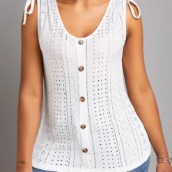 Drawstring Button White Scoop Neck Tank Top