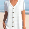 Button White V Neck Short Sleeve Blouse