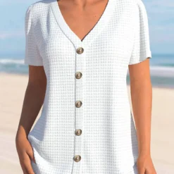 Button White V Neck Short Sleeve Blouse