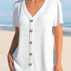 Button White V Neck Short Sleeve Blouse 5 Button White V Neck Short Sleeve Blouse -Rosewe Online Store 330789 P 1681347949557