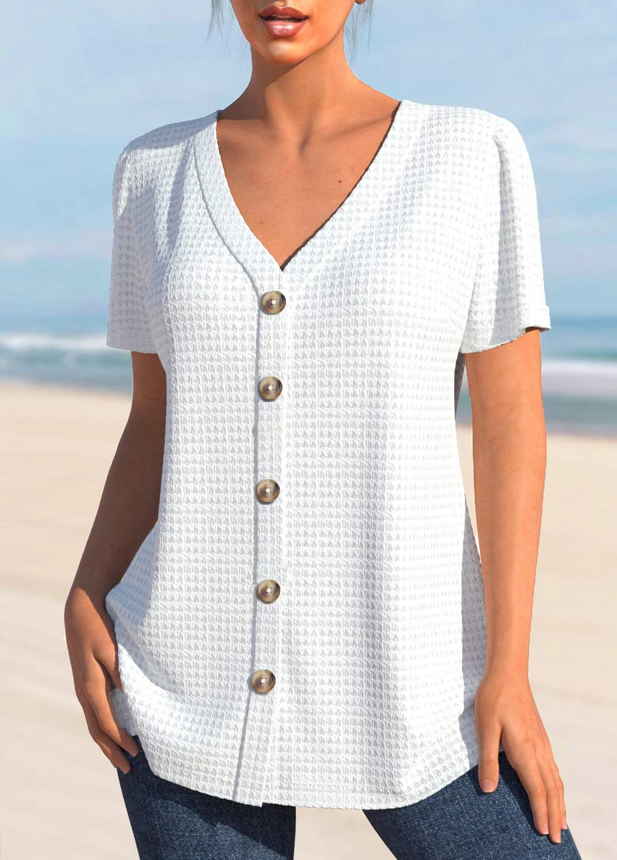 Button White V Neck Short Sleeve Blouse 3 Button White V Neck Short Sleeve Blouse - Image 3