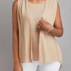 Fake 2in1 Light Coffee Zipper Tank Top