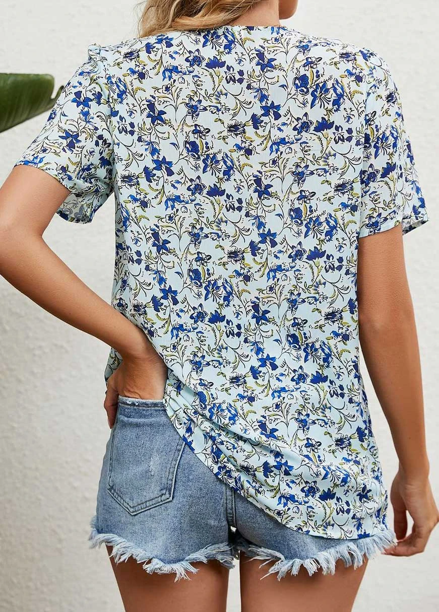 V Neck Floral Print Patchwork Light Blue Blouse 2 V Neck Floral Print Patchwork Light Blue Blouse - Image 2