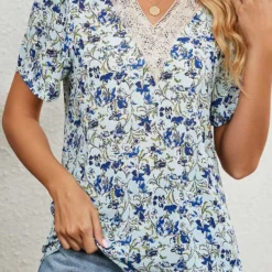V Neck Floral Print Patchwork Light Blue Blouse 7 V Neck Floral Print Patchwork Light Blue Blouse -Rosewe Online Store 330972 P 1680573294253