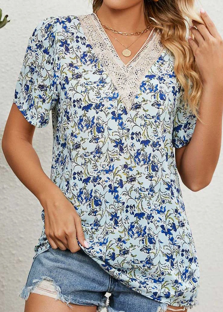 V Neck Floral Print Patchwork Light Blue Blouse 3 V Neck Floral Print Patchwork Light Blue Blouse - Image 3