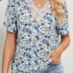 V Neck Floral Print Patchwork Light Blue Blouse