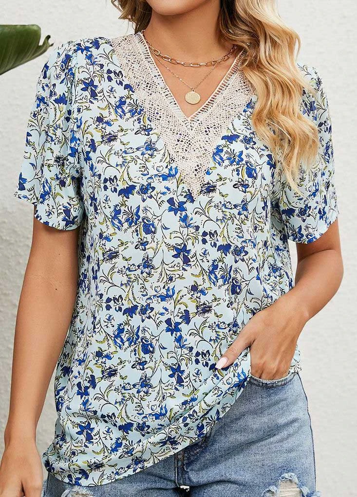 V Neck Floral Print Patchwork Light Blue Blouse 1 V Neck Floral Print Patchwork Light Blue Blouse