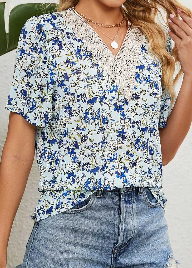 V Neck Floral Print Patchwork Light Blue Blouse 5 V Neck Floral Print Patchwork Light Blue Blouse - Image 5