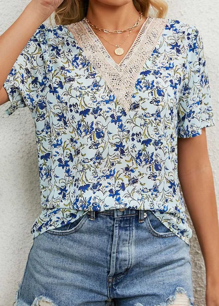 V Neck Floral Print Patchwork Light Blue Blouse 4 V Neck Floral Print Patchwork Light Blue Blouse - Image 4