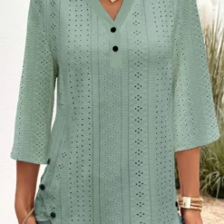 Button 3/4 Sleeve Green Shirt Collar Blouse