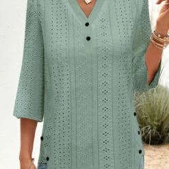 Button 3/4 Sleeve Green Shirt Collar Blouse -Rosewe Online Store 331522 P 1681210586647