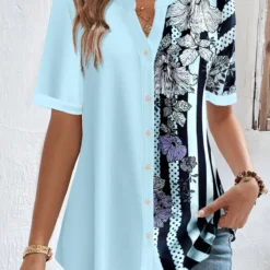 Plus Size Light Blue Button Striped Blouse -Rosewe Online Store 331641 P 1683351026606