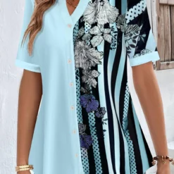 Plus Size Light Blue Button Striped Blouse -Rosewe Online Store 331641 P 1683351027806