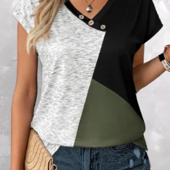 Button Detail Sage Green V Neck T Shirt -Rosewe Online Store 331731 P 1681379738904 1