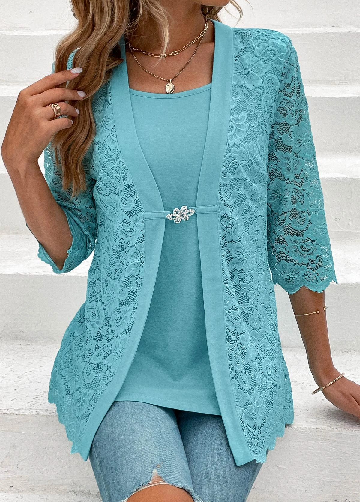 Square Neck Fake 2in1 Light Blue T Shirt 3 Square Neck Fake 2in1 Light Blue T Shirt - Image 3