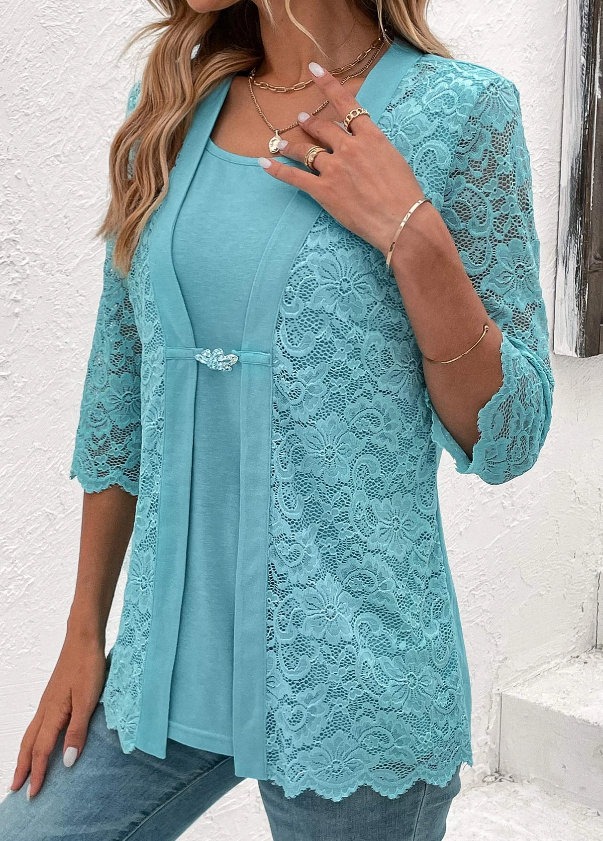 Square Neck Fake 2in1 Light Blue T Shirt 4 Square Neck Fake 2in1 Light Blue T Shirt - Image 4