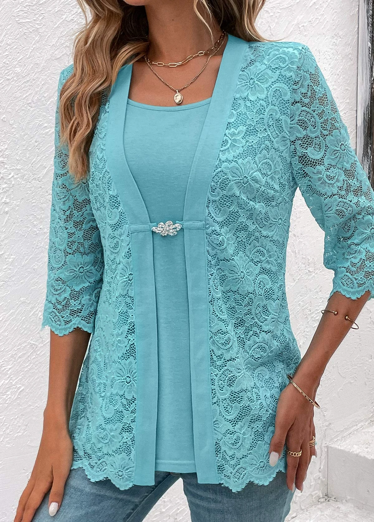 Square Neck Fake 2in1 Light Blue T Shirt 6 Square Neck Fake 2in1 Light Blue T Shirt - Image 6