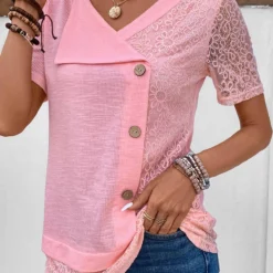V Neck Patchwork Pink Short Sleeve Blouse 7 V Neck Patchwork Pink Short Sleeve Blouse -Rosewe Online Store 331959 P 16854384694392