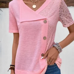 V Neck Patchwork Pink Short Sleeve Blouse