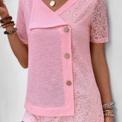 V Neck Patchwork Pink Short Sleeve Blouse 8 V Neck Patchwork Pink Short Sleeve Blouse -Rosewe Online Store 331959 P 16854384698183