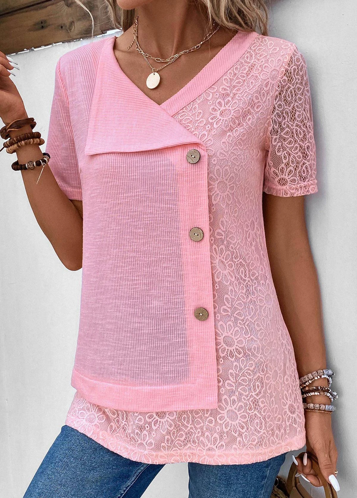 V Neck Patchwork Pink Short Sleeve Blouse 4 V Neck Patchwork Pink Short Sleeve Blouse - Image 4