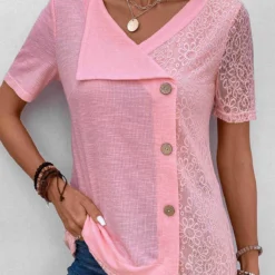 V Neck Patchwork Pink Short Sleeve Blouse 9 V Neck Patchwork Pink Short Sleeve Blouse -Rosewe Online Store 331959 P 16854384699224