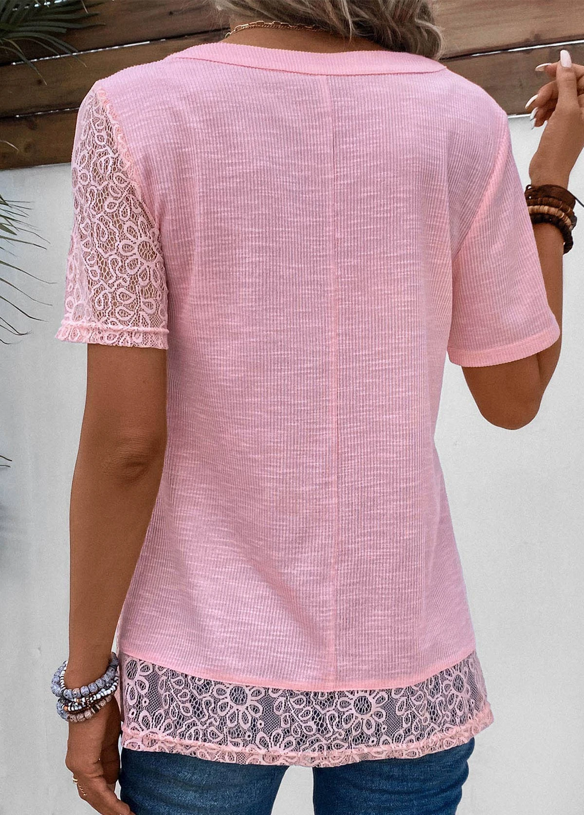 V Neck Patchwork Pink Short Sleeve Blouse 2 V Neck Patchwork Pink Short Sleeve Blouse - Image 2