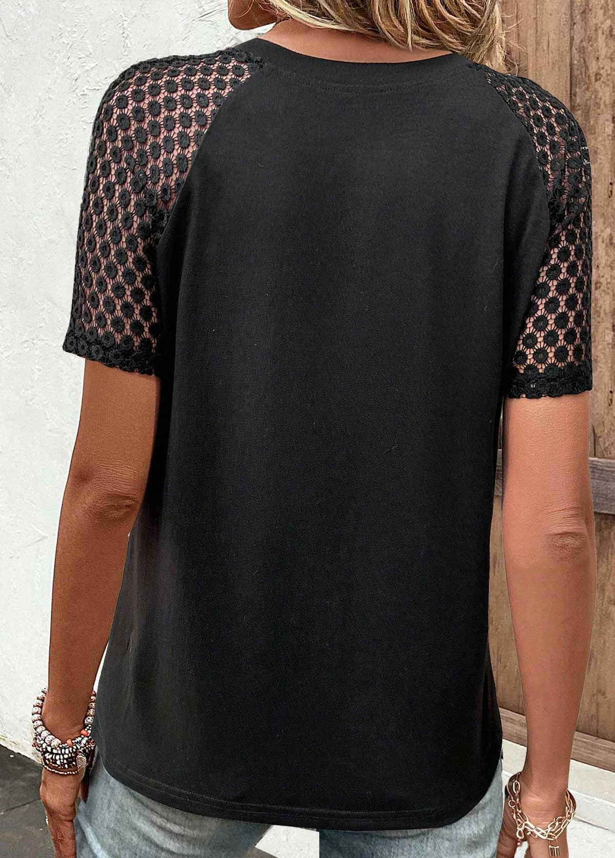 Black Round Neck Short Sleeve Lace T Shirt 2 Black Round Neck Short Sleeve Lace T Shirt - Image 2