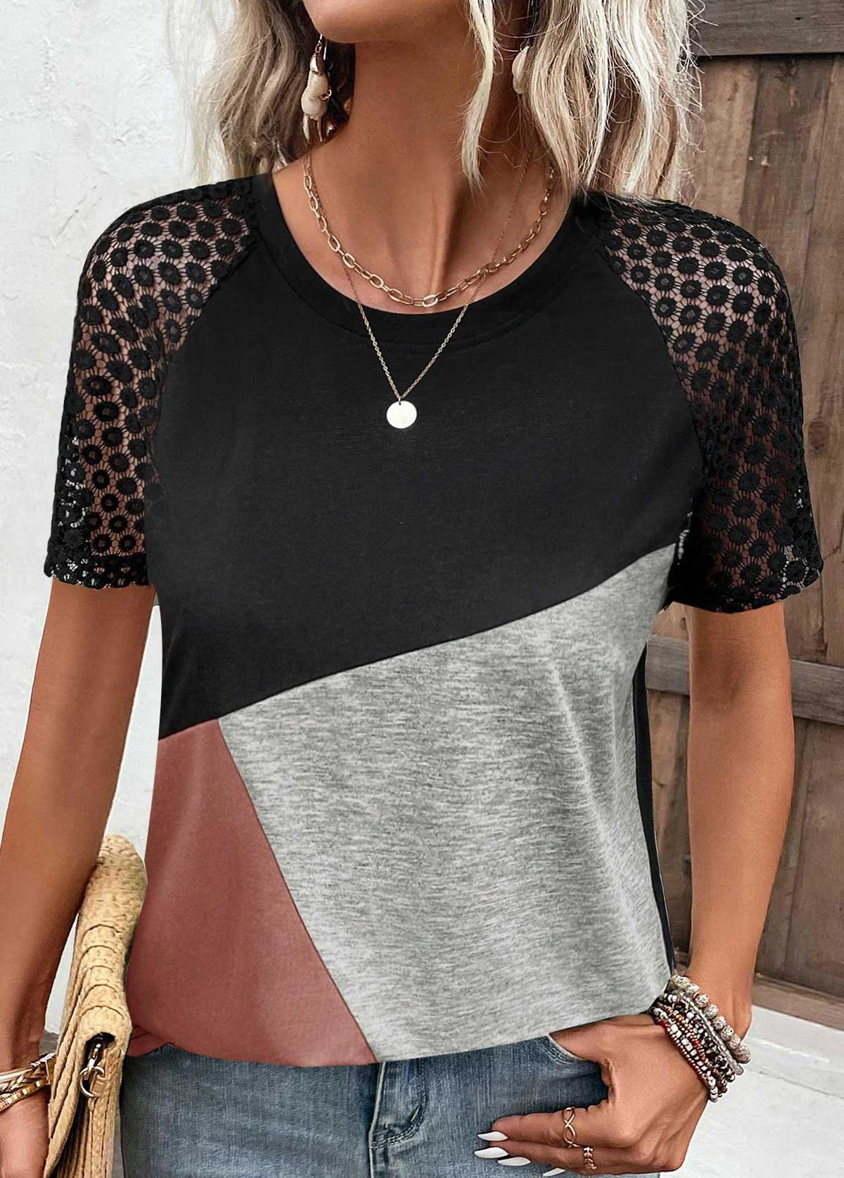 Black Round Neck Short Sleeve Lace T Shirt 3 Black Round Neck Short Sleeve Lace T Shirt - Image 3