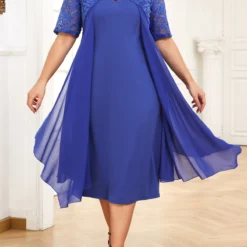 Blue Plus Size Patchwork Short Sleeve Bodycon Dress