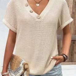 Button Beige Short Sleeve V Neck T Shirt