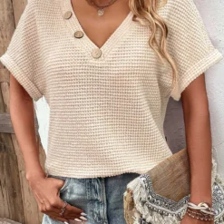 Button Beige Short Sleeve V Neck T Shirt -Rosewe Online Store 332191 P 1683273824204 1