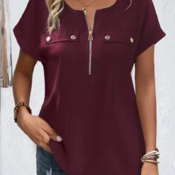 Plus Size Dark Reddish Purple Zipper Blouse -Rosewe Online Store 332241 P 1681992089630