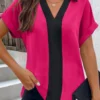 Plus Size Hot Pink Patchwork Short Sleeve Blouse