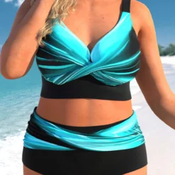 High Waisted Cyan Plus Size Ombre Bikini Set