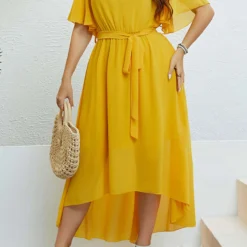 Yellow Plus Size Button Belted High Low Dress