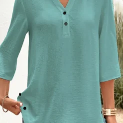 Button Detail Peacock Blue Shirt Collar Blouse 7 Button Detail Peacock Blue Shirt Collar Blouse -Rosewe Online Store 332861 P 16839824853562