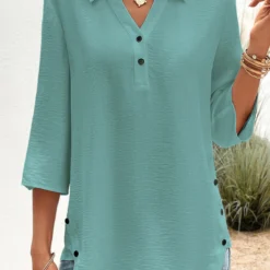 Button Detail Peacock Blue Shirt Collar Blouse 9 Button Detail Peacock Blue Shirt Collar Blouse -Rosewe Online Store 332861 P 16839824857174