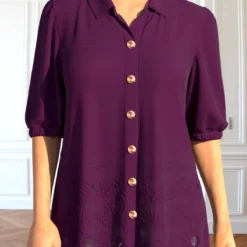 Dark Reddish Purple Shirt Collar Patchwork Blouse