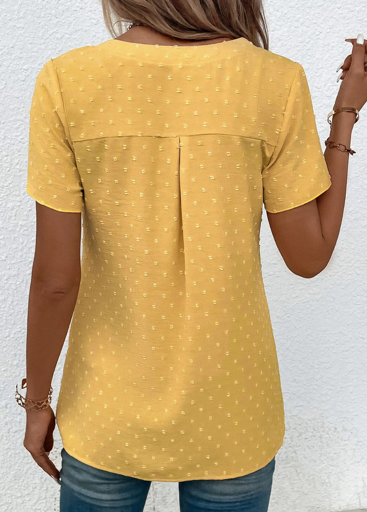 Plus Size Light Yellow Jacquard Short Sleeve Blouse 2 Plus Size Light Yellow Jacquard Short Sleeve Blouse - Image 2
