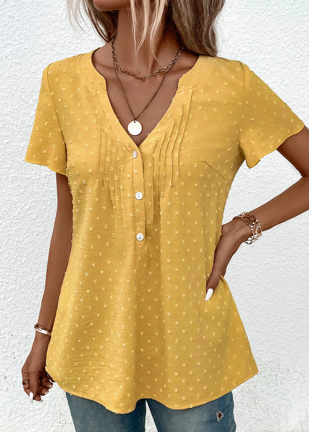 Plus Size Light Yellow Jacquard Short Sleeve Blouse 4 Plus Size Light Yellow Jacquard Short Sleeve Blouse - Image 4