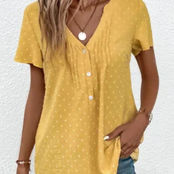 Plus Size Light Yellow Jacquard Short Sleeve Blouse