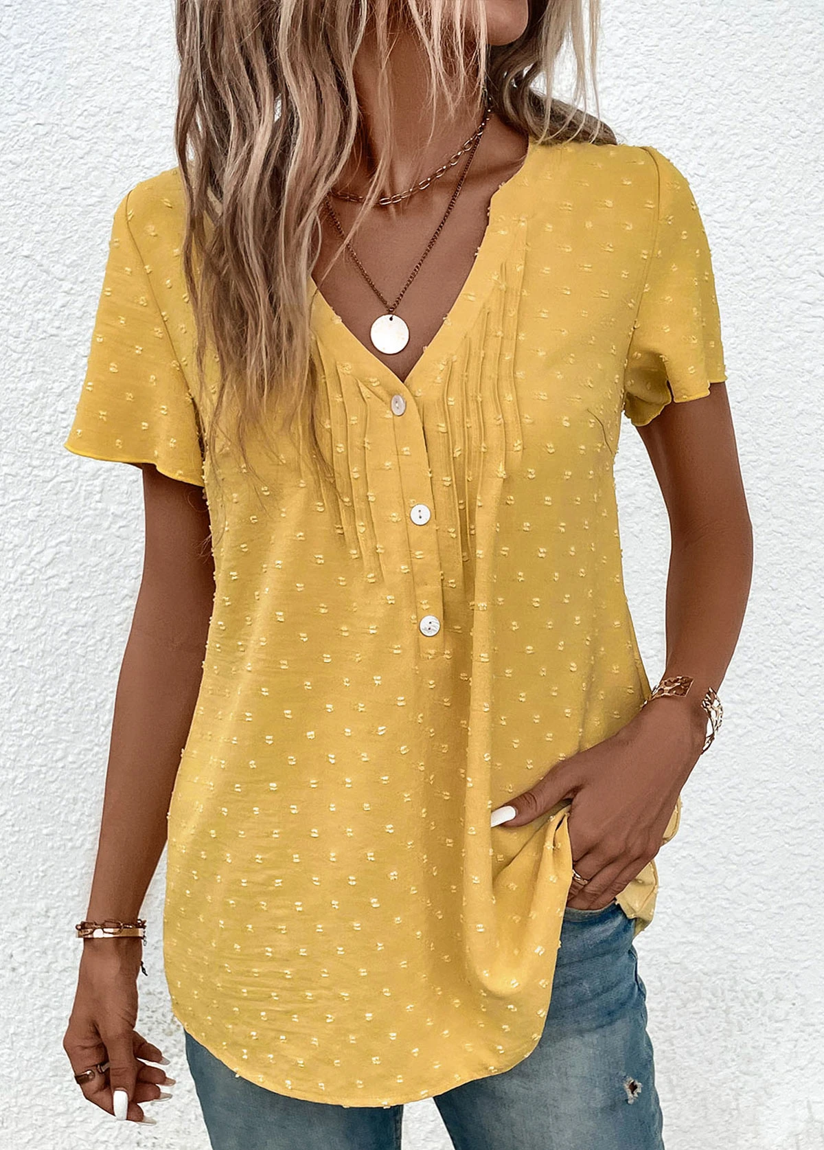 Plus Size Light Yellow Jacquard Short Sleeve Blouse 1 Plus Size Light Yellow Jacquard Short Sleeve Blouse