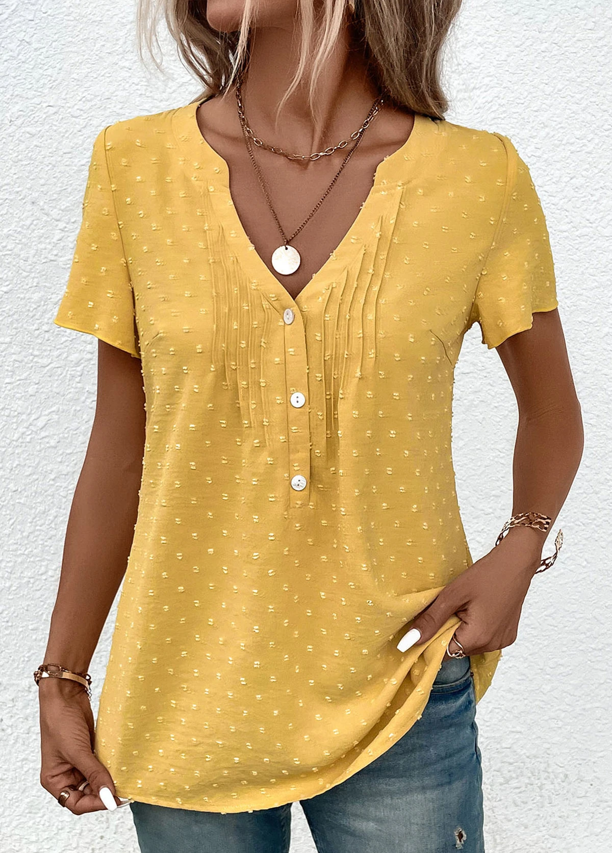 Plus Size Light Yellow Jacquard Short Sleeve Blouse 3 Plus Size Light Yellow Jacquard Short Sleeve Blouse - Image 3