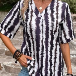Striped Patchwork Multi Color V Neck Blouse