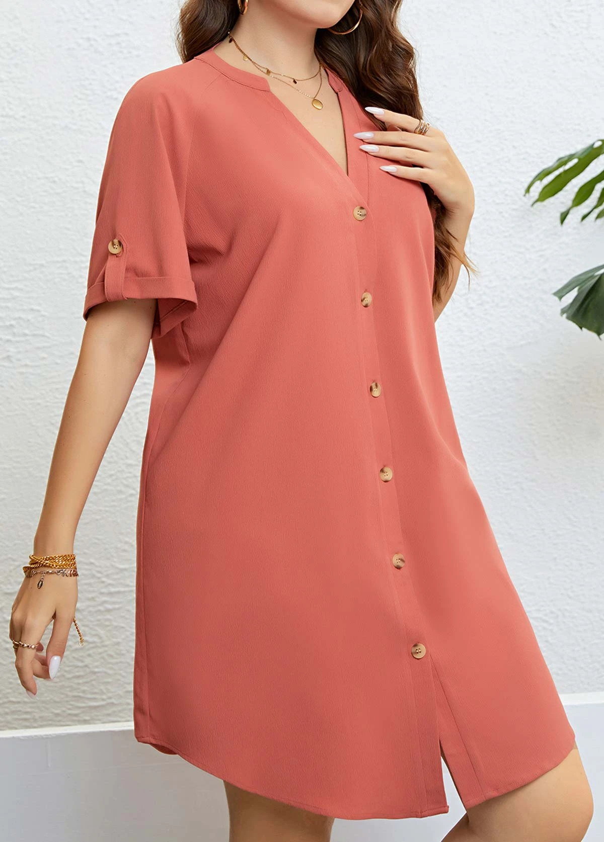 Coral Plus Size Button Short Sleeve Blouse 3 Coral Plus Size Button Short Sleeve Blouse - Image 3