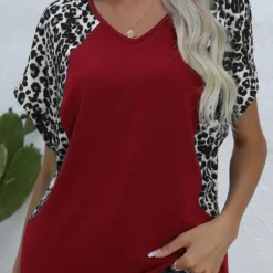 Leopard Patchwork Wine Red V Neck T Shirt