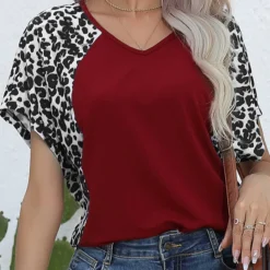Leopard Patchwork Wine Red V Neck T Shirt -Rosewe Online Store 333143 P 1682658698884