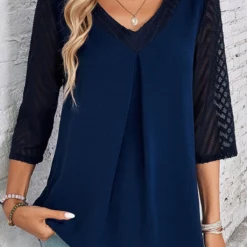 Patchwork Navy Lace V Neck Blouse